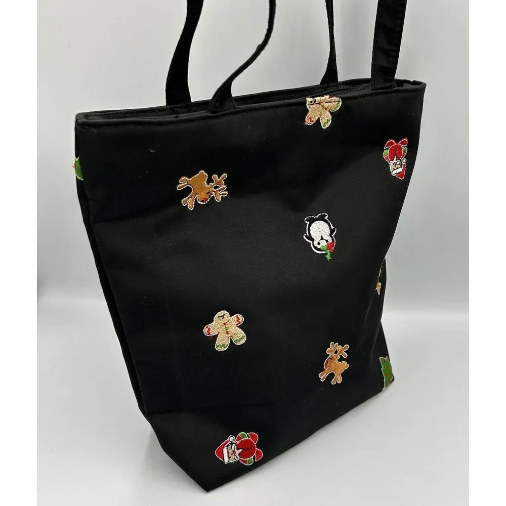 Womens Black‎ Embroidered Christmas Holiday Handbag Party